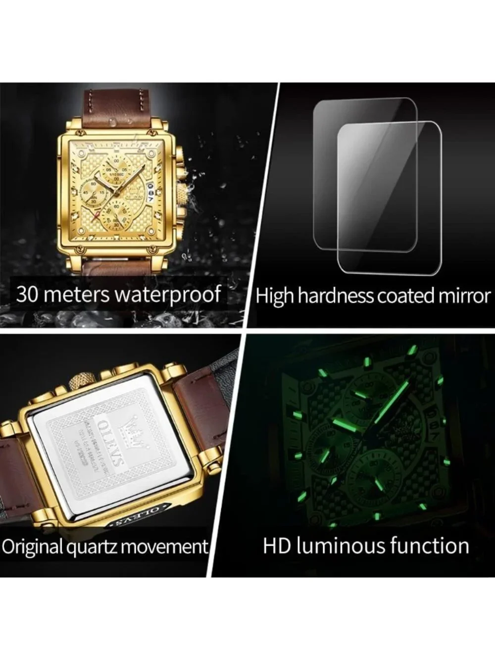 Men's Gold Quartz Leather Strap Waterproof Casual Trendy Square Dial Wristwatch